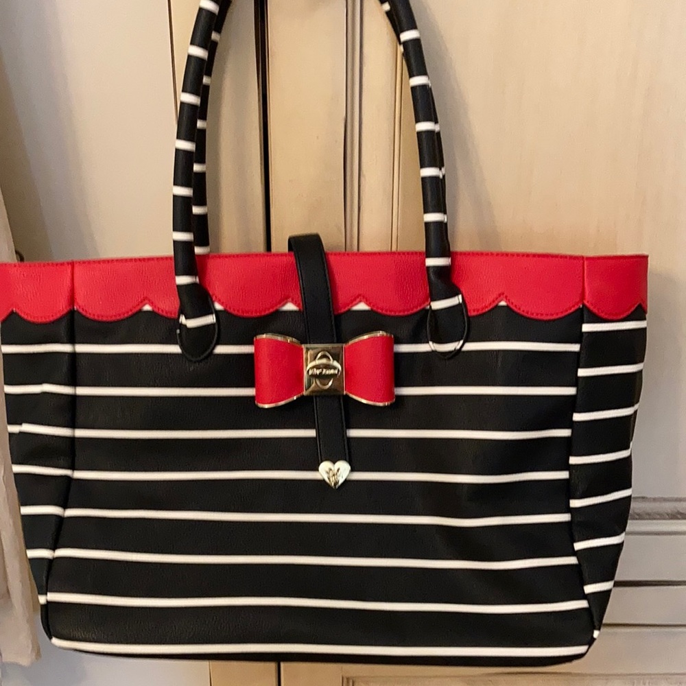 Betsey Johnson striped large purse black & white red bow